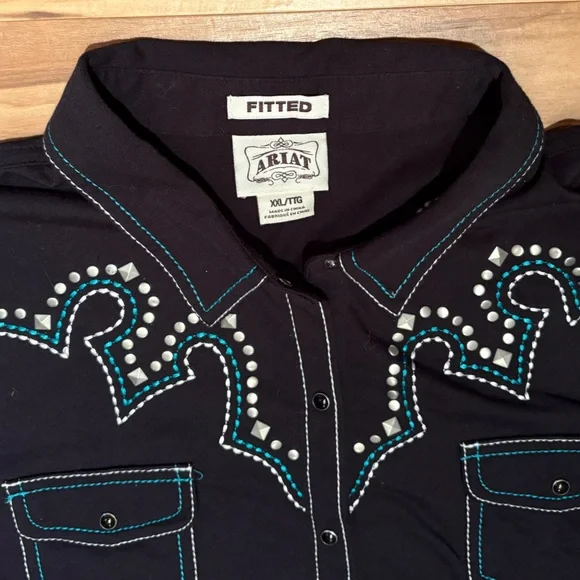 ARIAT Black Western Knit Shirt with Studded  & Embroidered Design XXL - Picture 5 of 9
